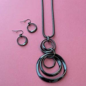 Gunmetal-Style Long Necklace & Earrings
